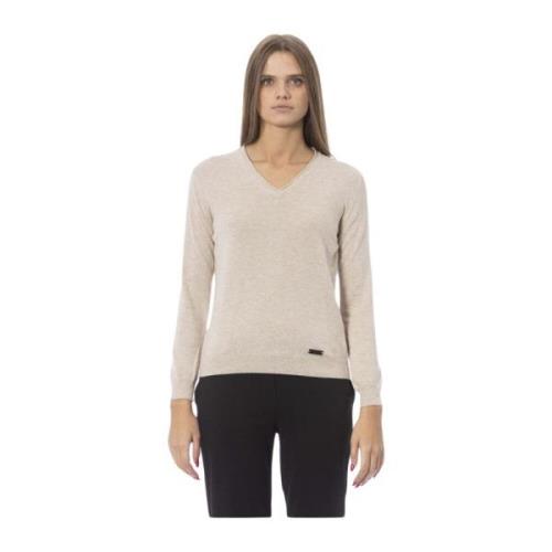 Beige V-Neck Ribbed Knit Sweater Baldinini , Beige , Dames