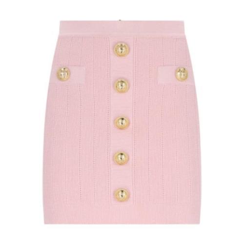 Roze Gebreide Mini Rok met Gouden Details Balmain , Pink , Dames