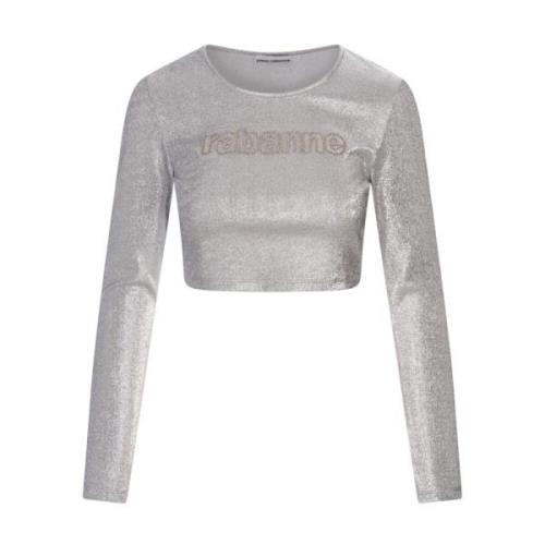 Zilver Metallic Crop Top met Logo Paco Rabanne , Gray , Dames