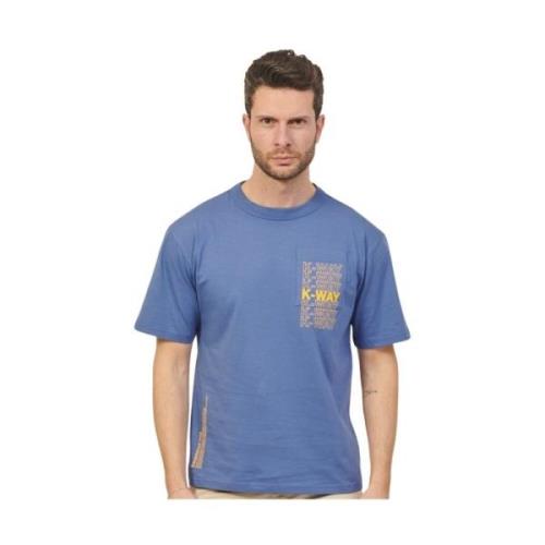 Blauw T-shirt met Zak en Lettering K-Way , Blue , Heren