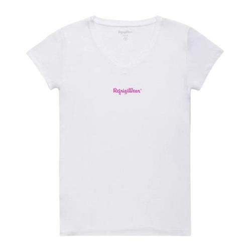 Wit V-Hals Logo Bedrukt T-Shirt RefrigiWear , White , Dames