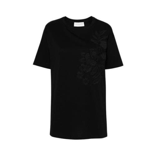 Bloemenborduurwerk katoenen T-shirt Ermanno Scervino , Black , Dames