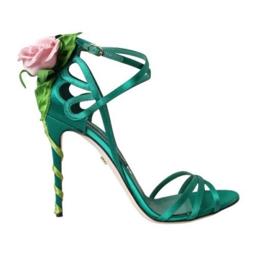 Groene Bloem Satijnen Enkelband Sandalen Dolce & Gabbana , Green , Dam...