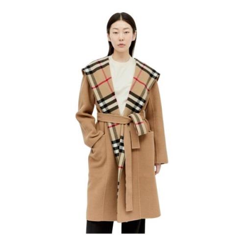 Geruite Gevoerde Wollen Omslagjas Burberry , Brown , Dames