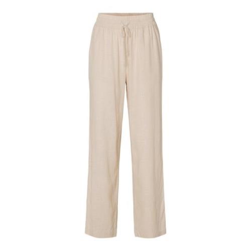 Beige Linnen Broek met Hoge Taille en Wijde Pijpen Selected Femme , Be...