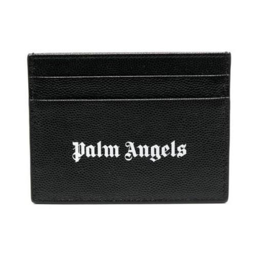 Zwarte Leren Kaarthouder met Bedrukt Logo Palm Angels , Black , Heren