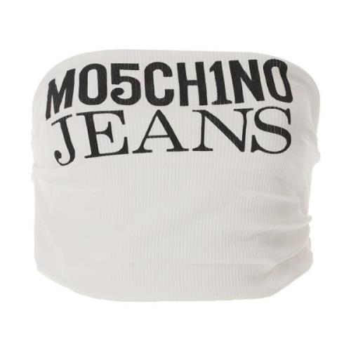 Logo Top Crop Print Wit Geribbeld Moschino , White , Dames