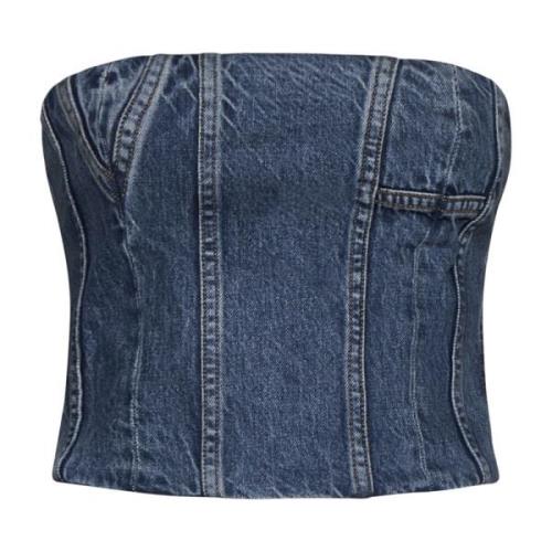 Denim Strapless Top met Contraststiksels Amiri , Blue , Dames