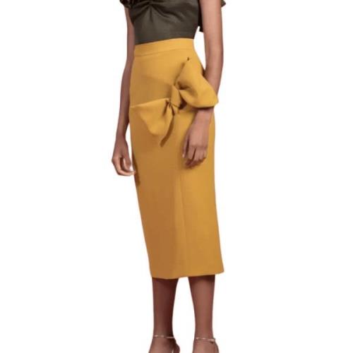 Hoge Taille Midi Potlood Rok met Strik Moskada , Yellow , Dames