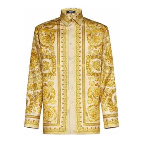 Barocco Print Zijden Satijnen Overhemden Versace , Beige , Heren