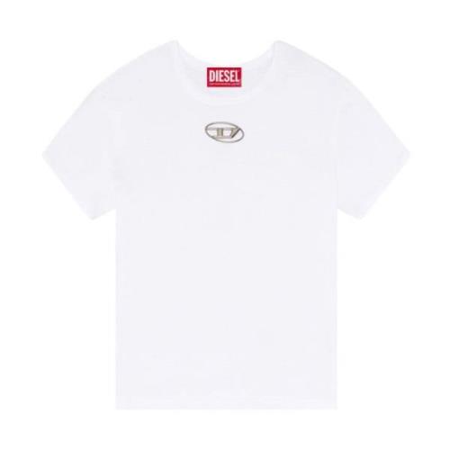 Wit Katoenen T-shirt met Cut-out Oval D Logo Diesel , White , Dames