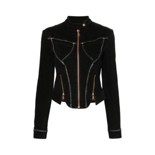 Zwarte Denimjack met Ritsdetail Versace Jeans Couture , Black , Dames