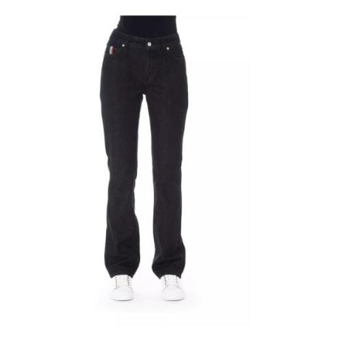 Logoed Button Katoenen Jeans Tricolor Inzet Baldinini , Black , Dames