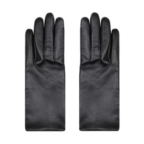 Zwarte Leren Handschoenen met Metalen Logo Saint Laurent , Black , Dam...