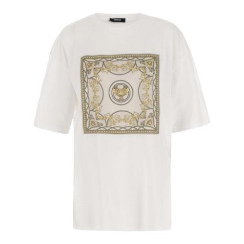 Katoenen T-shirt met Sjaal-stijl Applicatie Versace , White , Dames