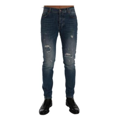 Slim Fit Logo Jeans Blauwe Wassing Frankie Morello , Blue , Heren