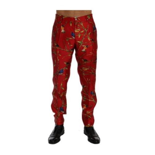 Rode Zijden Vogelprint Broek Dolce & Gabbana , Red , Heren