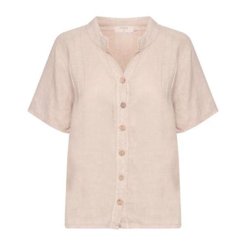 Zand Linnen Shirt met V-Hals Cream , Beige , Dames