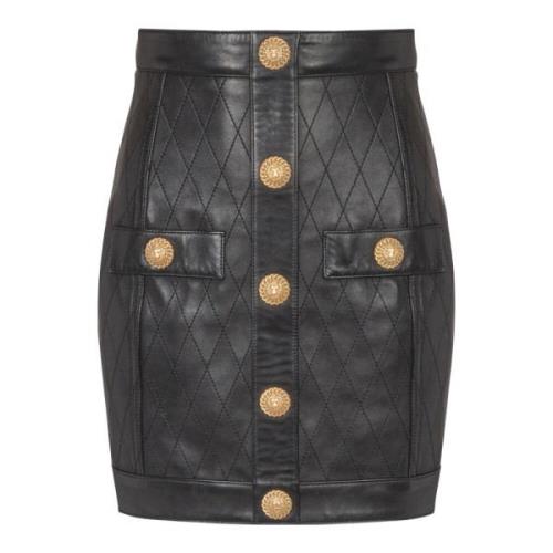 Leren rok met stiksels en knopen Balmain , Black , Dames