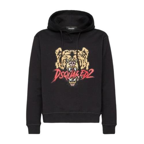 Tijger Logo Hoodie Zwart Katoen Dsquared2 , Black , Heren