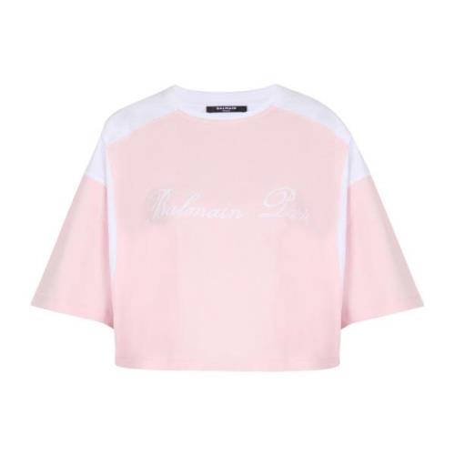 Tweekleurig T-shirt met Handtekening borduursel Balmain , Pink , Dames