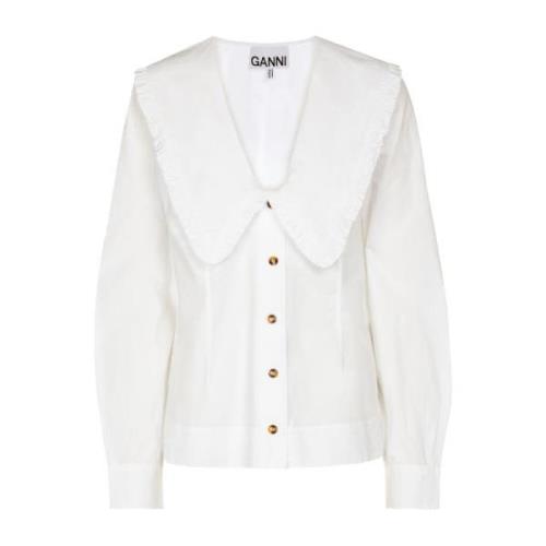 Ruffled Bib Collar Cotton Shirt Ganni , White , Dames