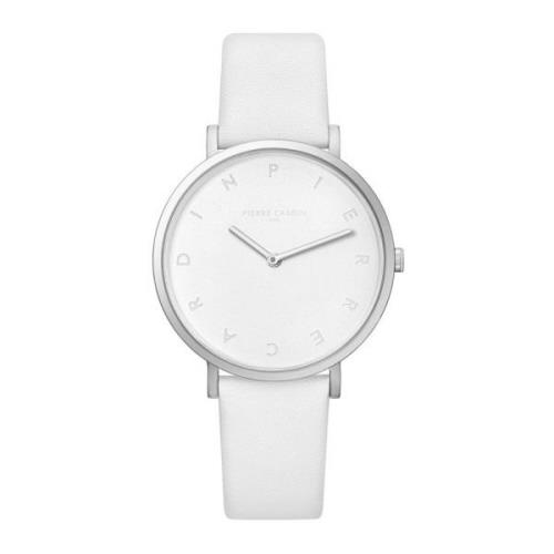 Wit Leren Analoog Horloge met Roestvrijstalen Kast Pierre Cardin , Whi...