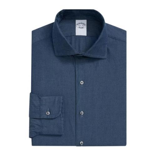 Blauw Slim Fit Chambray Katoenen Overhemd met Engelse Spreidkraag Broo...