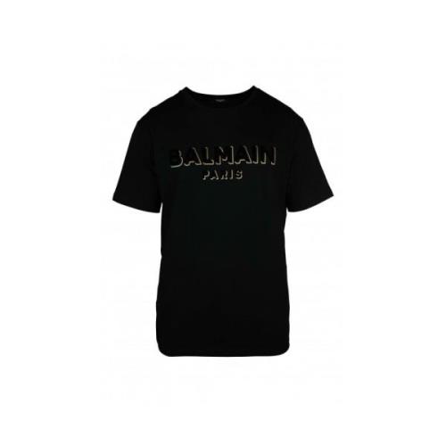 Zwart Textuur Logo Ronde Kraag T-shirt Balmain , Black , Heren