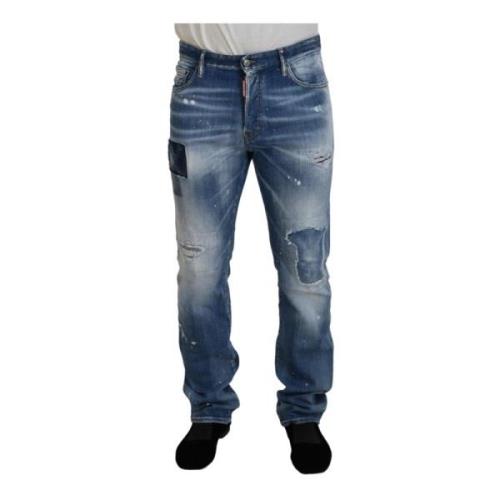 Blauwe Tattered Straight Fit Denim Jeans Dsquared2 , Blue , Heren