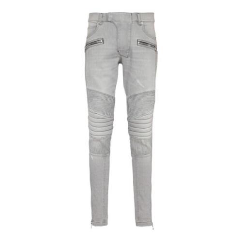 Biker jeans in grijs gewatteerd denim Balmain , Gray , Heren