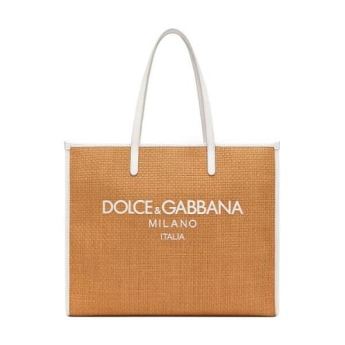 Neutrale Raffia Shopper met Logo Dolce & Gabbana , Beige , Dames