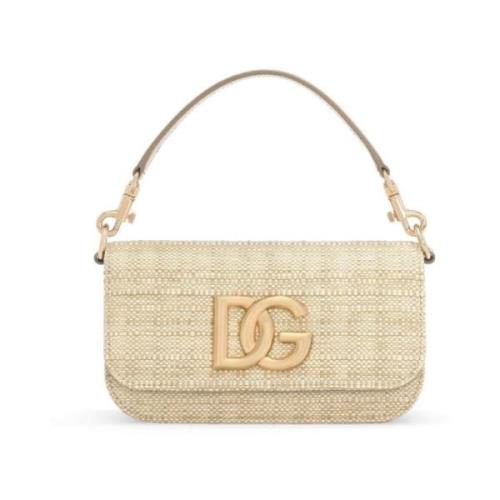 Raffia Schoudertas met DG Logo Dolce & Gabbana , Beige , Dames