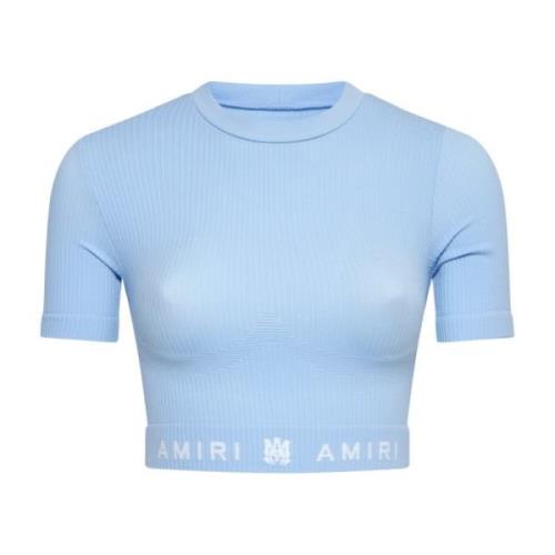 Geribbelde Naadloze Korte Mouw Top Amiri , Blue , Dames