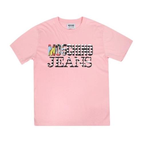 Katoenen T-shirt met Multicolor Logo Print Moschino , Pink , Dames