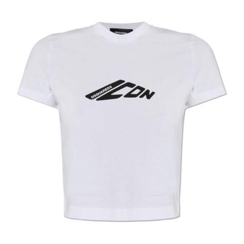 Korte T-shirt met logo Dsquared2 , White , Dames