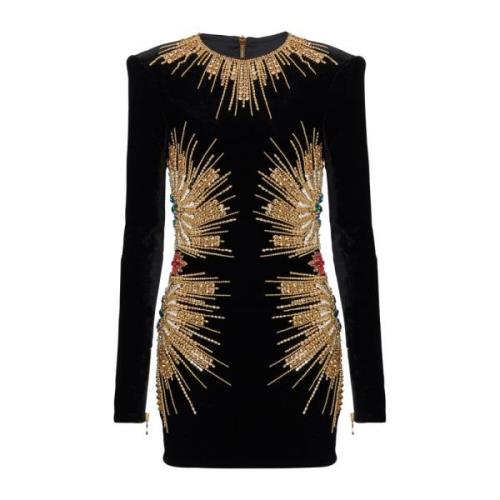 Jurk met parel- en paillettenborduursel Balmain , Black , Dames