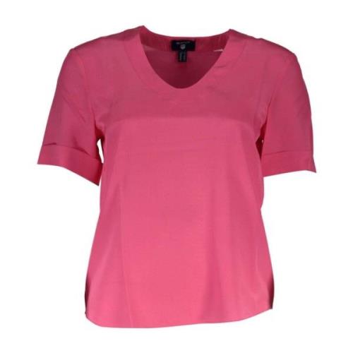 Zijden V-hals Tee met Logo Accenten Gant , Pink , Dames