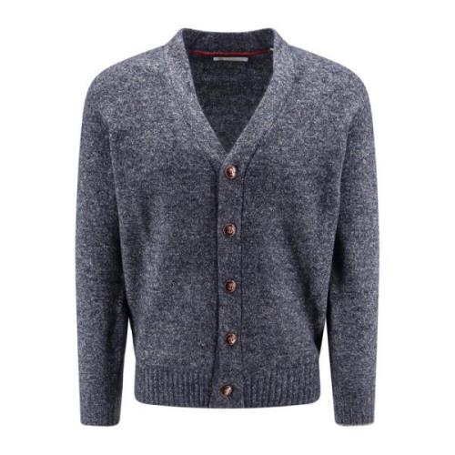 Alpaca Blend V-Neck Cardigan Brunello Cucinelli , Blue , Heren