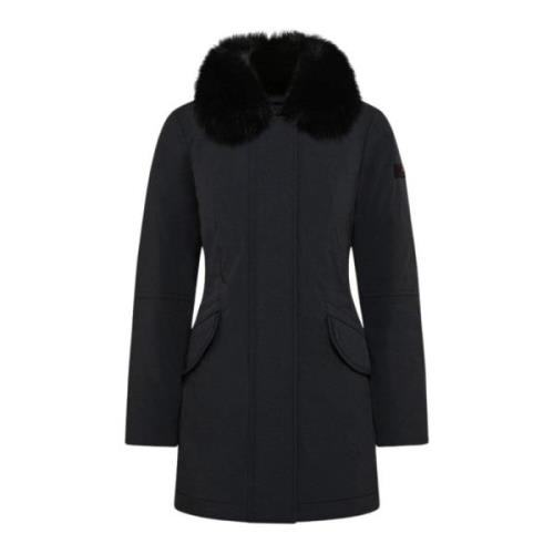 Lange Bont Parka met Vos Kraag Peuterey , Black , Dames