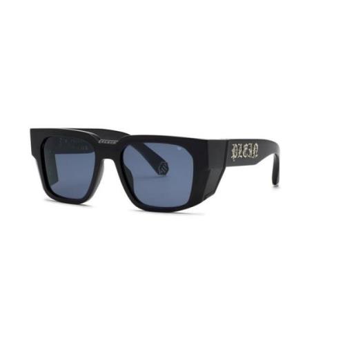 Blauwe Lens Glanzend Zwarte Zonnebril Philipp Plein , Black , Unisex