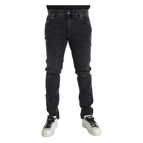 Grijze Skinny Stretch Denim Logo Jeans Dolce & Gabbana , Gray , Heren