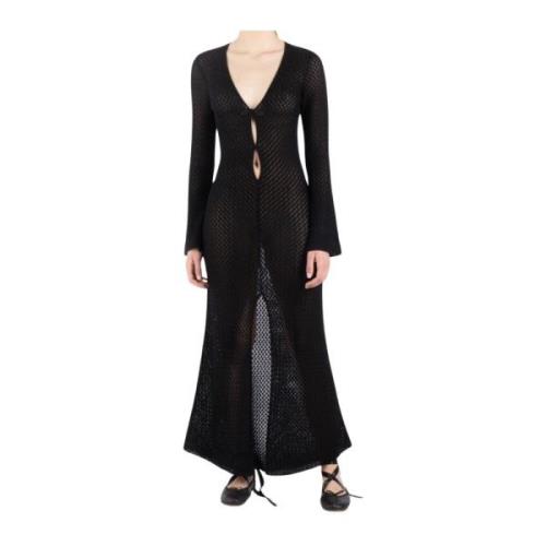 Lange Gebreide Jurk met Voor Split The Garment , Black , Dames