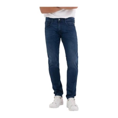 Blauwe Versleten Rits Jeans Replay , Blue , Heren