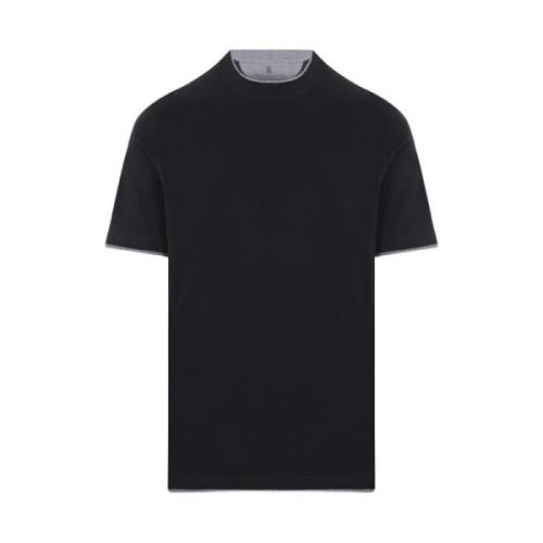 Zwart T-shirt met Grijze Rand Brunello Cucinelli , Black , Heren