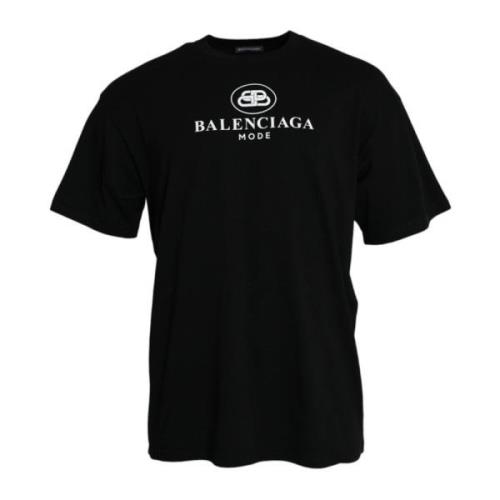 Zwart Logo Print Crew Neck T-shirt Balenciaga , Black , Heren
