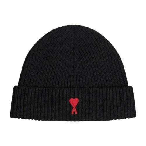 Logo Wol Beanie Warm Materiaal Ami Paris , Black , Heren