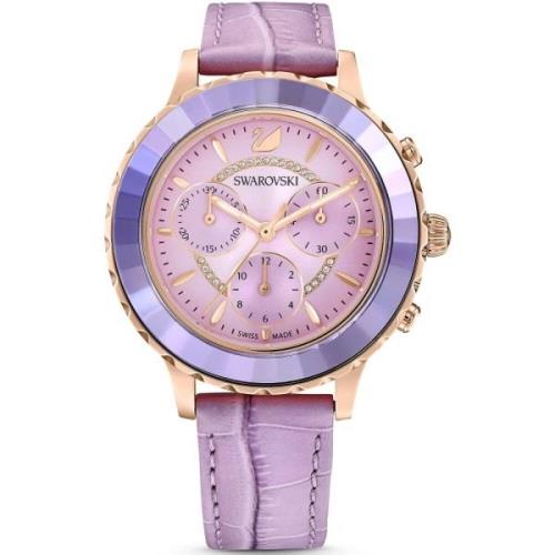 Lux Chrono Leren Horloge in Paars & Roségoud Swarovski , Purple , Dame...