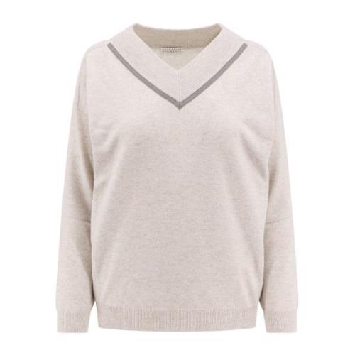 Cashmere V-hals Sweater met Monili Profiel Brunello Cucinelli , Gray ,...