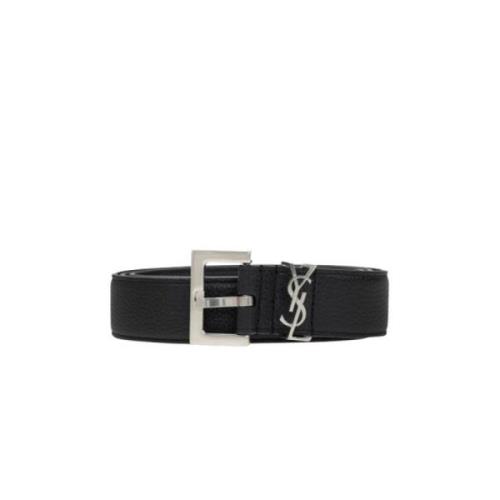 Zwarte leren Riem met YSL monogramplaat Saint Laurent , Black , Heren